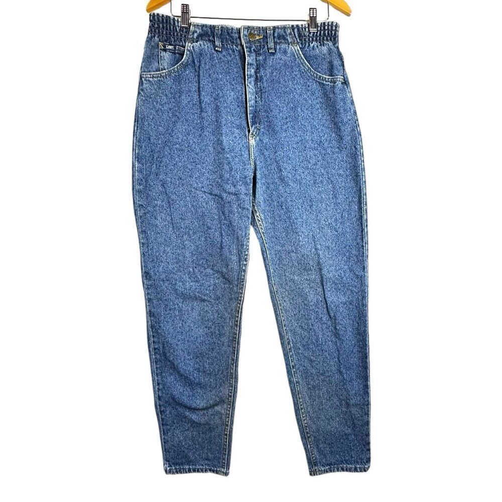 Vintage Lee Mom Jeans Elastic Waist High Rise Women's 32” 14 M Denim Tapered Leg